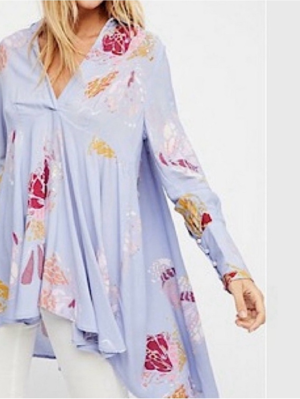 Free People Powder Blue Floral Tunic Mini Dress Medium Boho High Low - Picture 2 of 5